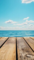 Fototapeta premium Wooden dock overlooking tranquil blue sea and sky, idyllic vacation scene