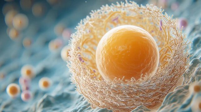 medical visualization of a human egg cell surrounded by the zona pellucida and corona radiata, rendered with soft pastel lighting and shallow depth of field for embryology education.