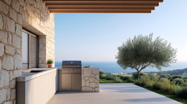 Outdoor Kitchen with Ocean View, mediterranean , grill