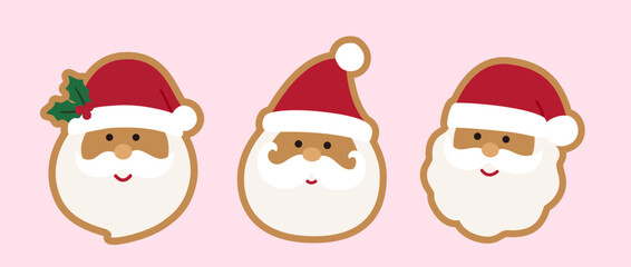 Set of santa claus gingerbread cookies flat vector illustration.
Winter Christmas santa claus face ginger cookie clipart design.
Christmas Cookie Sticker.
Good for greeting card,poster, banner.