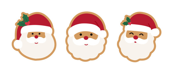 Set of santa claus gingerbread cookies flat vector illustration.
Winter Christmas santa claus face ginger cookie clipart design.
Christmas Cookie Sticker.
Good for greeting card,poster, banner.