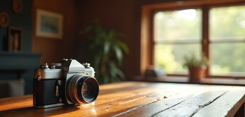 Classic film camera sits on old wooden table in warm, cozy room. Bright sunlight streams through window, illuminating vintage tech. Photo gear for enthusiast captures special memories. Ideal for