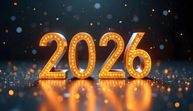 Illuminated 2026 sign with bokeh effect for New Year celebrations
