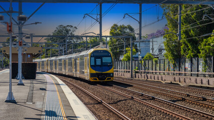 Passenger Train going through Summer Hill train station a suburban Sydney train Station NSW Australia