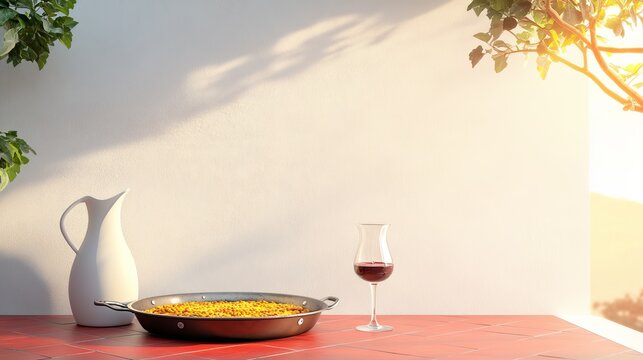 Paella, Wine and Pitcher in Warm Sunlight, Cuisine ,Food