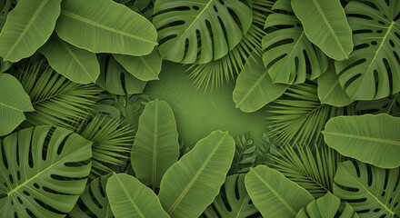 Fototapeta premium Lush Tropical Green Leaves Background Monstera, Banana, Palm, Foliage Texture for Nature, Botanical, Jungle, Summer Designs.