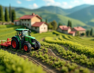 Fototapeta premium Miniature diorama scene shows a farm landscape with a tractor in green fields. Rural Italian countryside houses with red roofs sit on rolling hills under a blue sky.