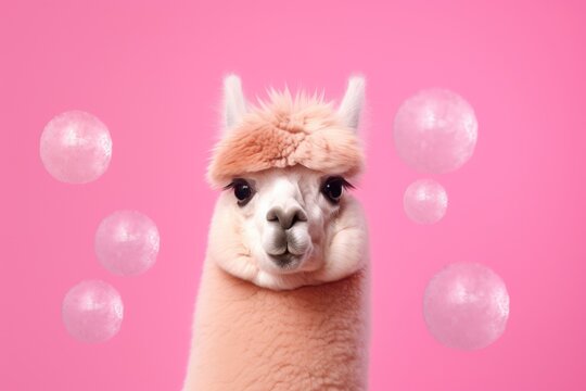 Adorable llama with bubbles on a pink background