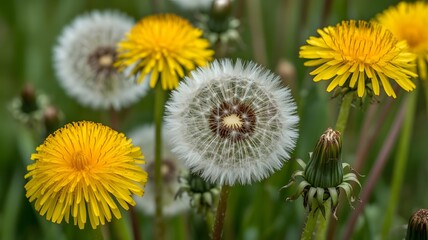 Close up of yellow and white dandelions in a green grassy field