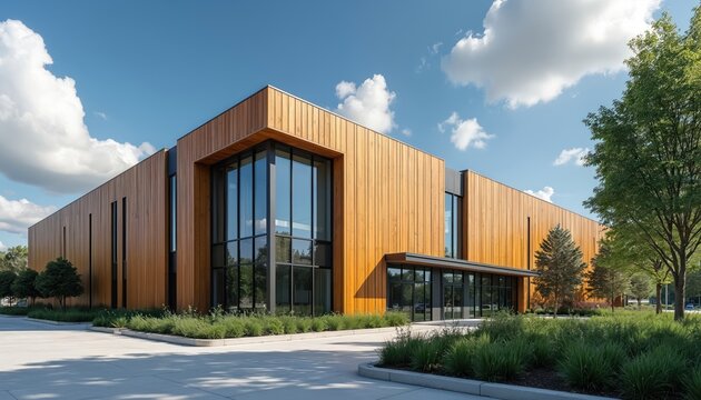 Modern wooden building exterior under bright sky with clouds. Large glass windows reflect green trees and blue sky. This structure houses advanced tech infrastructure for data storage and computing.