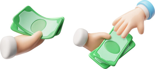 Fototapeta na wymiar 3D icon set: a hand holding dollar bills and passing them to another.
