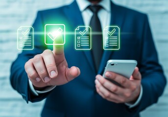 Businessman s hand selecting a digital document icon on a futuristic interface with a smartphone in the other hand