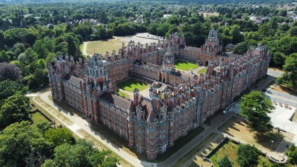 Aerial view of the main building of Royal Holloway University, London, England