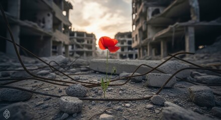 Resilience in Ruins: A lone poppy blooms amidst the rubble of war, a symbol of hope and survival against a backdrop of destruction and devastation.