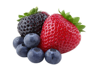 Fresh strawberry and blueberry with green leaves, isolated on transparency background, vibrant and juicy, perfect for healthy eating, dessert, or breakfast, natural and organic fruit