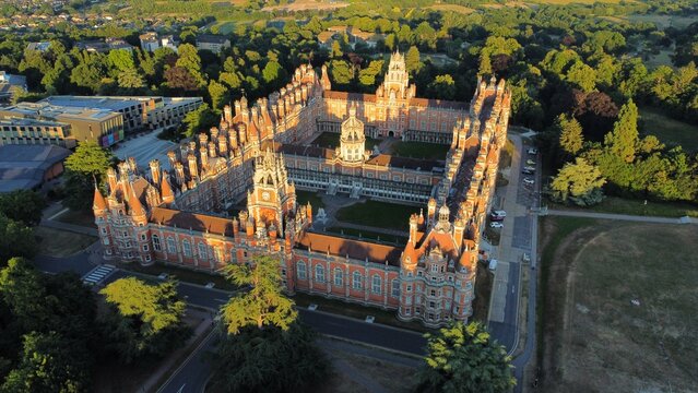 Aerial view of the main building of Royal Holloway University, London, England