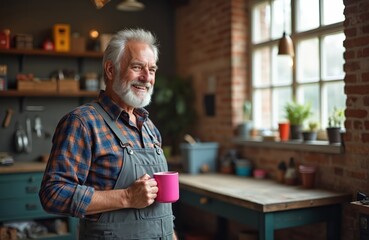 Smiling senior man in overalls holds pink mug in workshop. He wears plaid shirt, has white beard. Cozy garage space has tools and plants by window. Relaxed hobbyist enjoys hot drink.