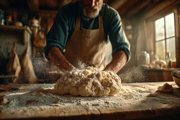 Artisan baker passionately kneading homemade bread dough, flour shimmering in light.