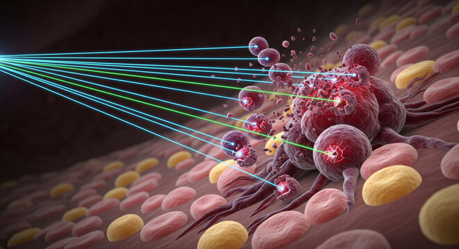 Laser Ablation of Cancer Cell Medical Illustration of Phototherapy Targeting Tumor with Precise Light Beams, Oncology, Healthcare, Science.