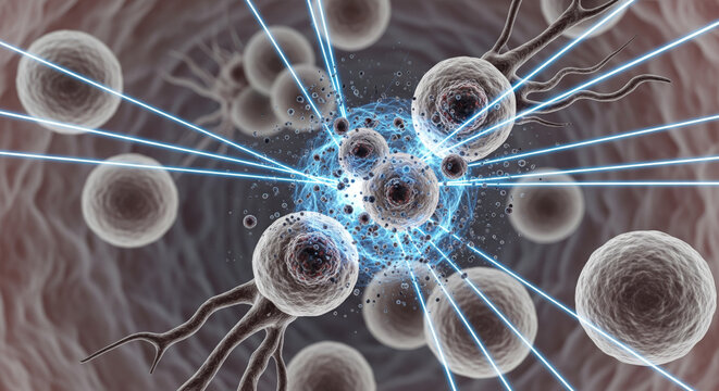 Futuristic Microscopy Detailed Illustration of Cells, Neural Connections, and Laser Interaction in a Microscopic Environment.