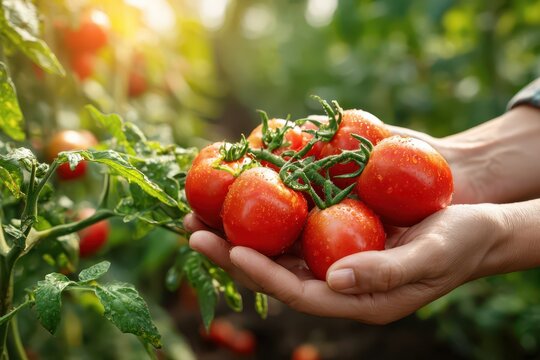 Close-up: Hands holding fresh, dewy organic red tomatoes in a sunlit garden.