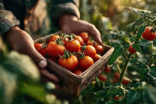 Farmer's hands cradling a basket of fresh, organic tomatoes on a sunny day.