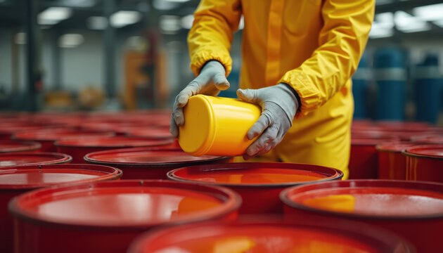 Worker in yellow protective suit holds yellow container over red industrial drums. Focus on hands, safety gear in factory setting with many barrels for storage, transport. Manufacturing area with - Powered by Adobe