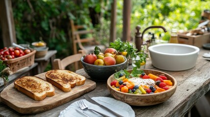 Rustic Outdoor Brunch Toast, Fruit Salad and Garden View, healthy , breakfast