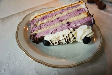 Frisches Stück hausgemachter Heidelbeertorte auf Teller 