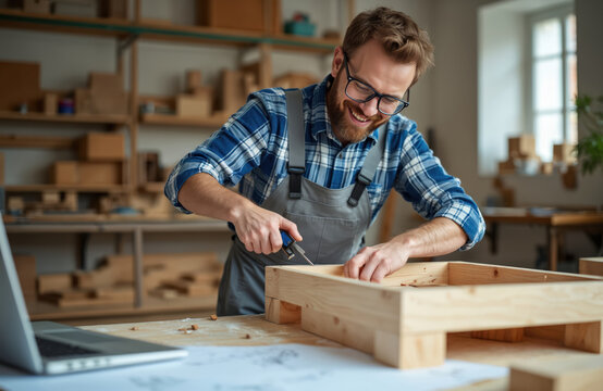 Happy bearded Caucasian man builds wooden furniture in home workshop. He smiles, works focused on new item construction with hand tool. Craftsman assembles wood frame. Guy enjoys carpentry hobby.