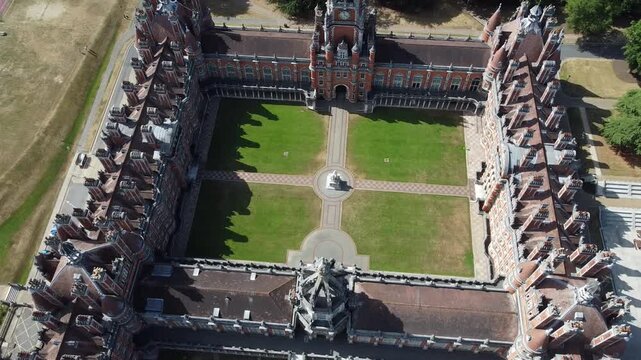 Aerial view of the main building of Royal Holloway University, London, England