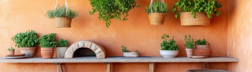 Rustic Outdoor Kitchen with Herbs in Pots and Hanging Baskets near Oven, Mediterranean , Gardening