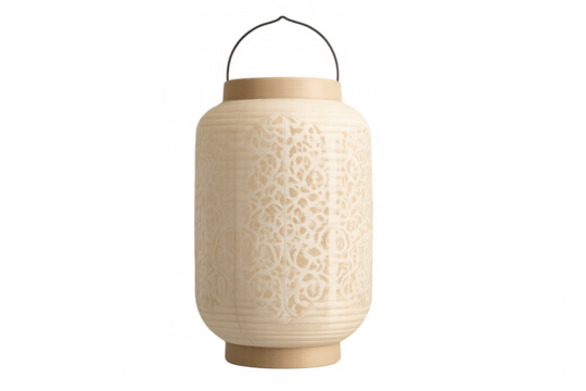 Decorative paper lantern with ornate lace pattern offering a soft ambient light, featuring a carrying handle, transparent background