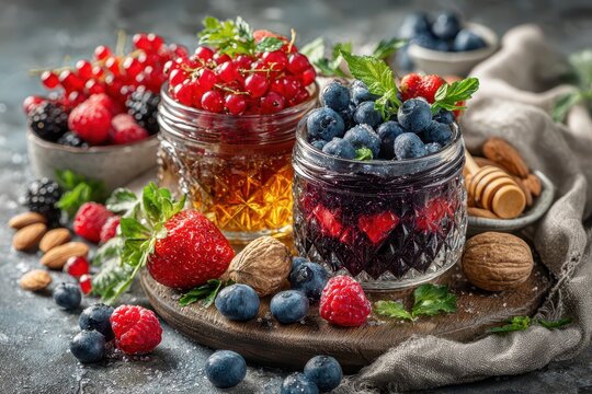 Healthy and delicious summer berries in jars, rustic wooden board, adding natural sweetness and flavor, perfect for a wholesome snack or dessert, refreshing.