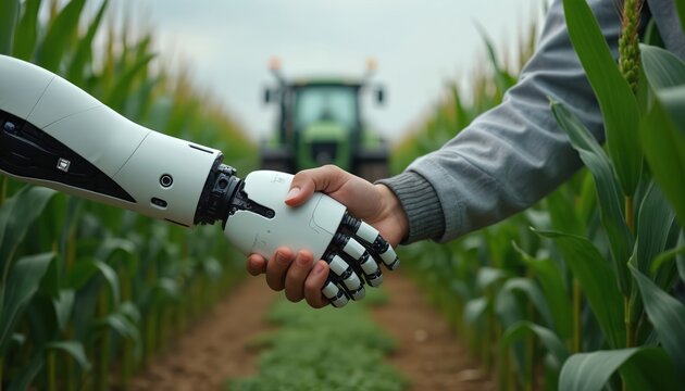 Farmer shakes robotic hand in cornfield. Tractor in background shows tech integration. Collaboration, future farming, innovation, progress are shown in this scene. People, machines work together.