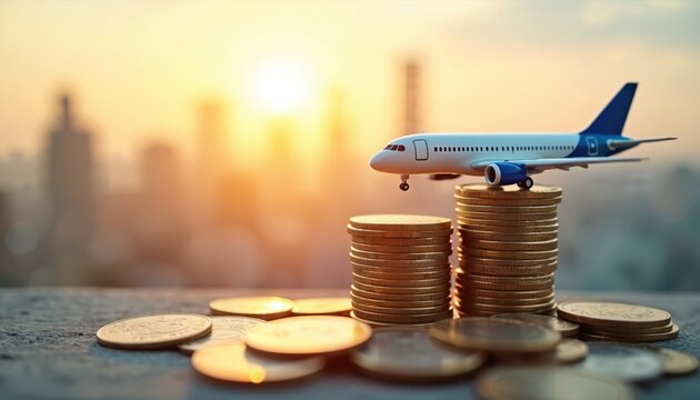 Miniature airplane sits on coin stacks at sunset. Represents travel costs, budget planning, and financial investment for journeys. Illustrates money management for flights and trips.