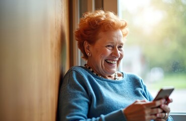 Elderly woman laughs while looking at her smartphone screen. She sits comfortably indoors near a window, enjoying a pleasant conversation or amusing content online. Modern tech keeps her connected.