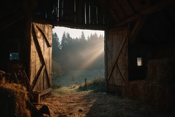 Sunlight streams through the barn door onto a misty field, a rustic scene of open doors illuminating a serene and tranquil countryside meadow at daybreak.