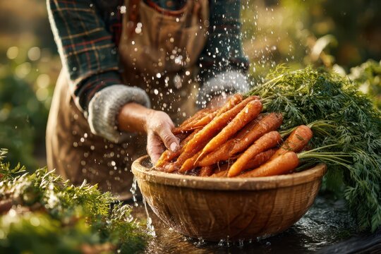 Freshly harvested carrots in a rustic wooden bowl being washed under running water, displaying vibrant orange hues and verdant green tops, reflecting healthy eating.