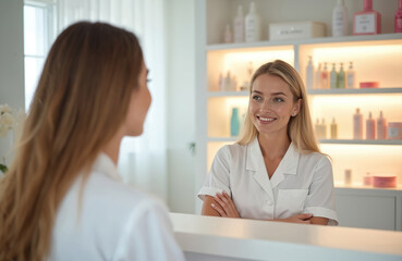 Fototapeta premium Friendly blond beautician smiles at young female client in modern bright beauty salon. Woman consults with professional cosmetologist about personalized skin care, anti-aging procedures at reception