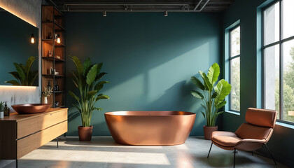 Modern bathroom copper bathtub, matching sink. Wood vanity, shelves, leather chair create luxury. Large plants add green plants. Big windows overlook trees, offering peaceful, stylish escape.