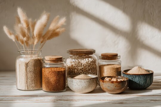 A rustic arrangement of grains, beans, and seeds in jars and bowls on a white wooden table, showcasing a natural and minimalist aesthetic, illuminated by soft sunlight. - Powered by Adobe