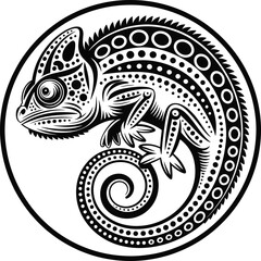 Tribal chameleon illustration, black and white reptile design, geometric animal art, spiral tail lizard, tattoo pattern, decorative wildlife vector © Hello World