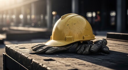 Workplace Safety: A lone yellow safety helmet and leather work gloves rest on a weathered wooden surface, emphasizing the focus on safety.