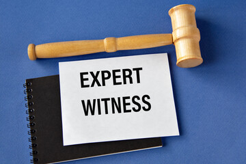 EXPERT WITNESS - words on a white sheet on a black notebook with a judge's gavel in the background
