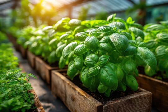 Vibrant basil plants flourishing in wooden containers inside a greenhouse, bathed in the warm glow of sunlight, creating a lush, inviting scene and highlighting the beauty of organic gardening.