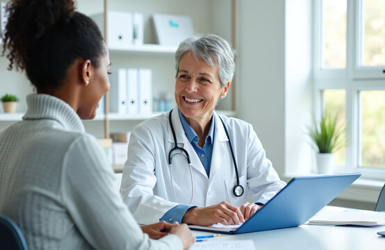 Senior smiling woman doctor in clinic consults female patient. Medical worker in white coat with stethoscope talks with client, discuss healthcare at office. - Powered by Adobe