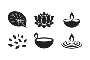 Traditional indian cultural and spiritual vector icons, lotus, leaf, diya