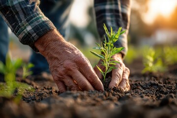 Fototapeta premium Close-up shot of hands planting a young seedling in fertile soil, illuminated by warm sunlight, representing growth, new beginnings, and environmental stewardship.