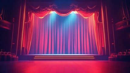 Theater Stage An Illuminated Backdrop with Red Curtains and Dramatic Lighting, Ready for a Show